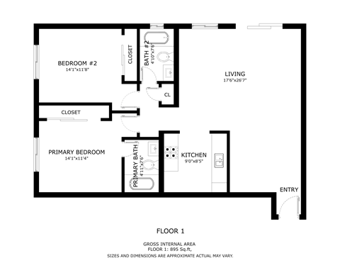 Floor plan for 2 beds, 2 baths